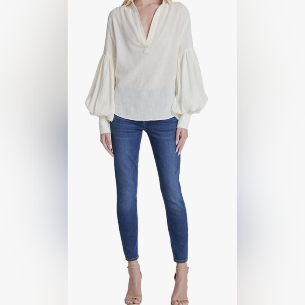 7 For All Mankind Cream Puff-Sleeve V-Neck Blouse